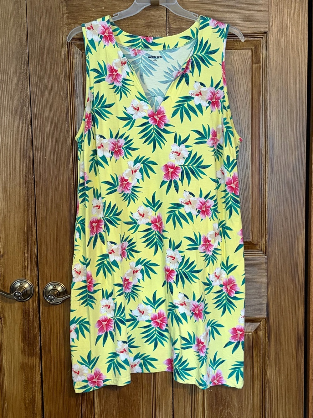 Lands' End 100% Cotton Yellow Hawaiian Tropical Floral V-Neck Dress Size 1X